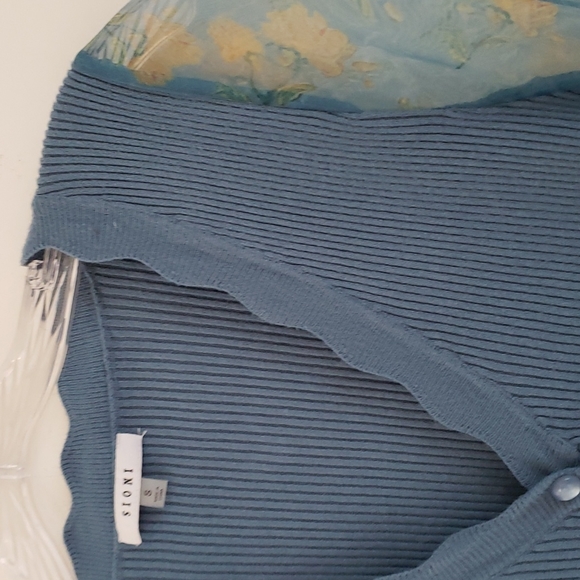 SIONI blu knit with Sheer floral Long Sleeves Sweater Top Cornflower blue Size S - Picture 11 of 16